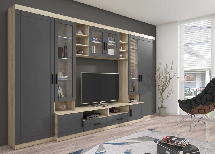 Nástěnná skříňka s displejem Paris GR01 se 2 komodami 3D 2S a 2D 2S Grafit/Sonoma dub s LED