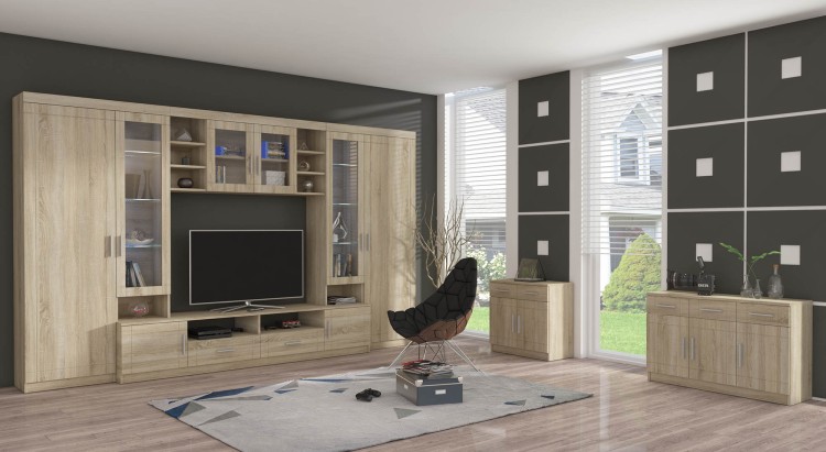 Nástěnná skříňka s vitrínou Paris SO01 se 2 komodami 3D 2S a 2D 2S Sonoma dub s LED