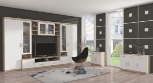 Nástěnná skříňka s vitrínou Paris WH01 se 2 komodami 3D 2S a 2D 2S Bílá/Sonoma dub s LED