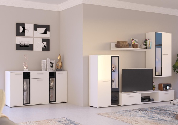Televizní nástěnná skříňka Salsa WH01 s komodou WH20 3D 2S Bílá s LED