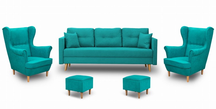 Skandinávská sedací souprava + 2 křesla s podnožkami Tyrkysová