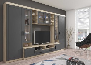 Nástěnná skříňka s vitrínou Paris GR01 Graphite/Dub Sonoma s LED