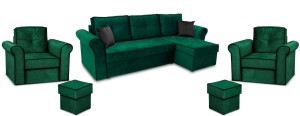 Sedací souprava Trevor rohová pohovka s 2x křeslo s pufem Tmavě zelená