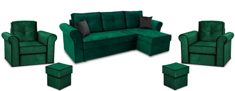 Sedací souprava Trevor rohová pohovka s 2x křeslo s pufem Tmavě zelená