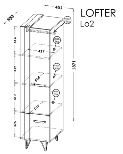 Úzká šatní skříň 45 cm do ložnice Lofter LO2 Beton Millenium Dub Wotan
