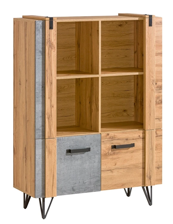 Otevřená knihovna do obývacího pokoje a ložnice se 2 dvířky 90 cm Lofter LO4 Betonový Millenium Oak Wotan
