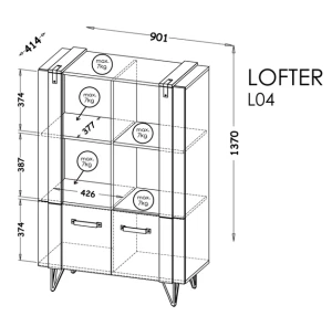 Otevřená knihovna do obývacího pokoje a ložnice se 2 dvířky 90 cm Lofter LO4 Betonový Millenium Oak Wotan