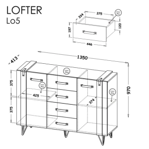 Komoda Lofter LO5 Betonový Millenium dub Wotan 135 cm do obývacího pokoje a ložnice