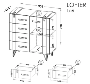 Komoda do obývacího pokoje a ložnice 90 cm Lofter LO6 Betonový Millenium Oak Wotan
