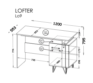 Počítačový stůl se skříní 120 cm Lofter LO9 Betonový Millenium Oak Wotan