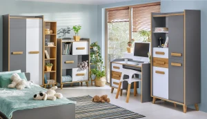 Šatní skříň s knihovnou 90 cm do pokoje pro mládež Verso W3 Dub Riveria/bílá/antracitová