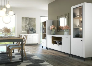 Vitrína do obývacího pokoje s LED Mossa MO3 Bílý/dub whisky