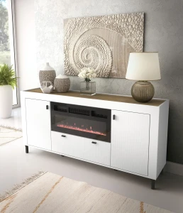 Komoda do obývacího pokoje Mossa MO7 s krbem Bílý/dub whisky