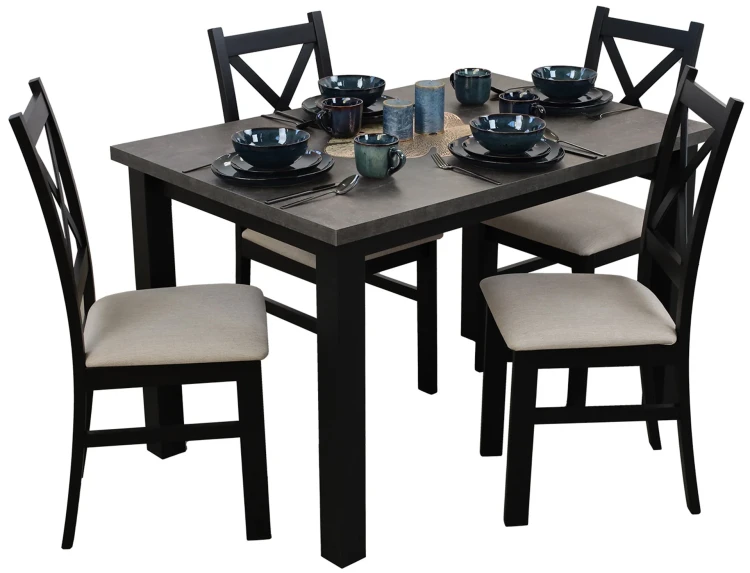 Stůl 120x80 černá/beton se 4 židlemi černá/béžová M005-4