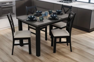 Stůl 120x80 černá/beton se 4 židlemi černá/béžová M005-4