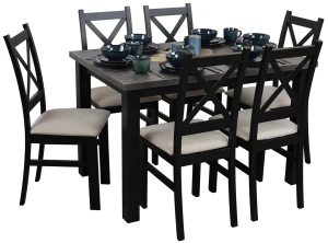 Stůl 120x80 černá/beton se 6 židlemi černá/béžová M005-6