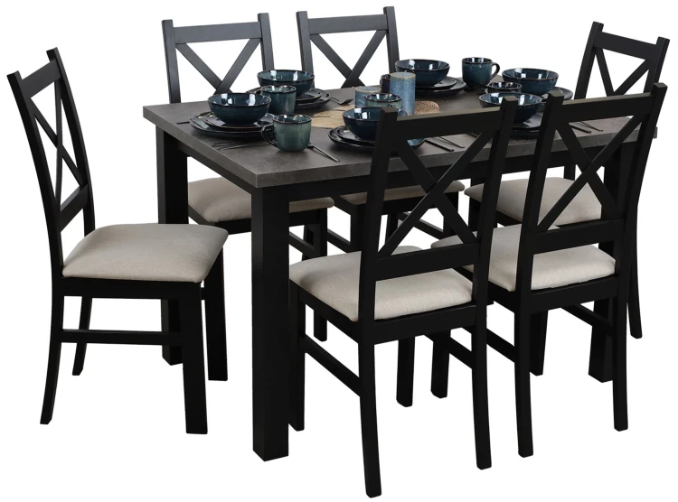 Stůl 120x80 černá/beton se 6 židlemi černá/béžová M005-6