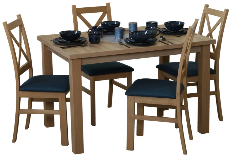 Rozkládací set stolu 150/190x80 dub Artisan se 4 židlemi dub Artisan/tyrkysová M015-4