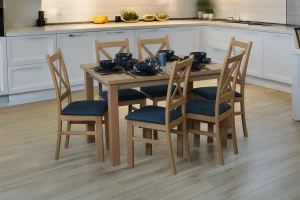 Rozkládací set stolu 150/190x80 dub Artisan se 6 židlemi dub Artisan/tyrkysová M015-6