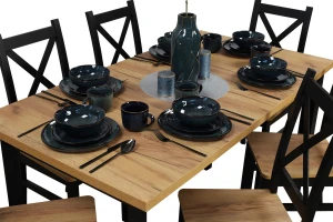 Set rozkládacího stolu 150/190×80 se 6 židlemi M021-6 černá/dub Craft