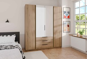 Šatní skříň do předsíně čtyřdveřová se zrcadlem a zásuvkami Dravero EV/EV 2F 2L 3S