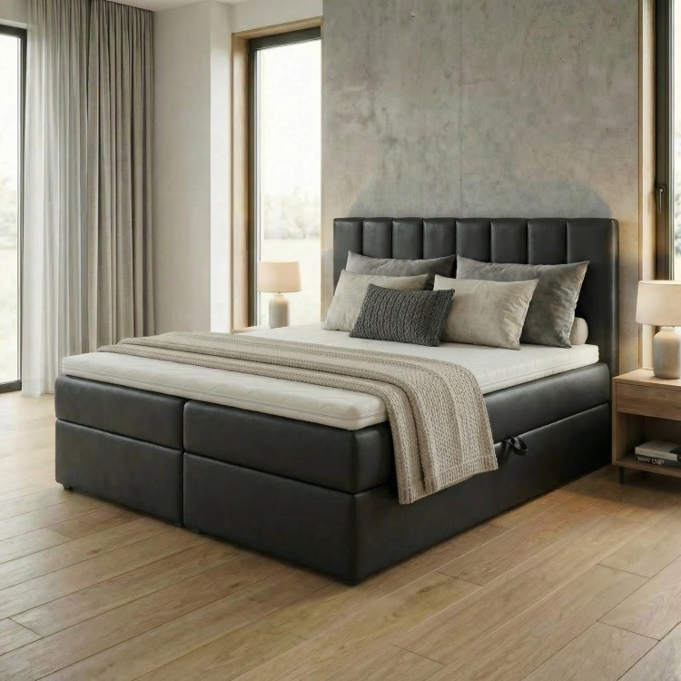 Kontinentální postel 140x200 SONNO BELLO černá eko kůže 2 úložné prostory