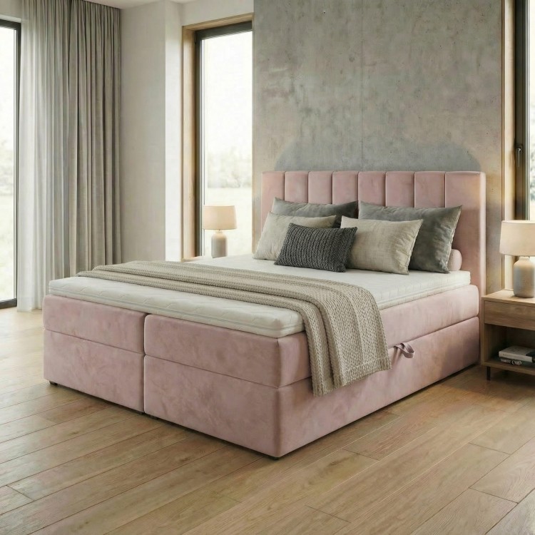 Kontinentální postel 140x200 SONNO BELLO pudrově růžová 2 úložné prostory