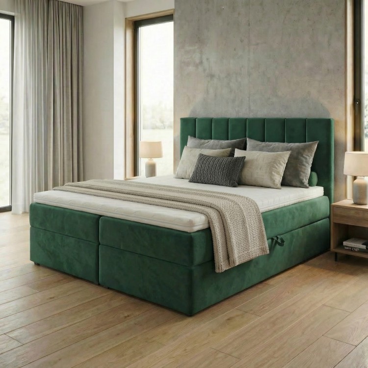 Kontinentální postel 160x200 SONNO BELLO lahvově zelená 2 úložné prostory