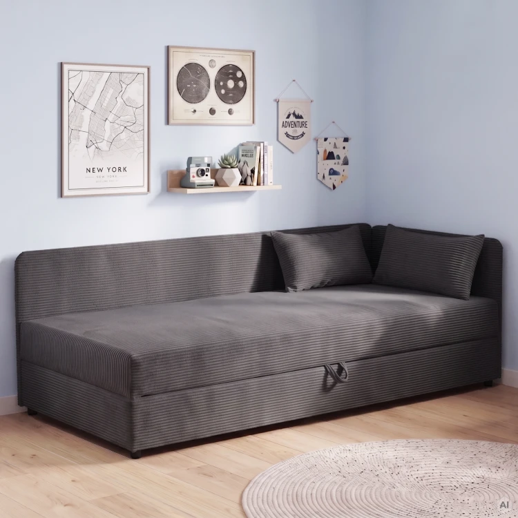 Čalouněná jednolůžková postel s úložným prostorem Hirek 80x180 Manšestr Grafitová