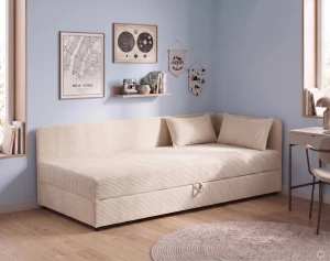 Čalouněná jednolůžková postel s úložným prostorem Hirek 80x200 Manšestr Krémová