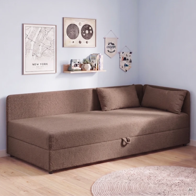 Jednolůžková válenda s úložným prostorem Hirek 80x180 bouclé beránek hnědá