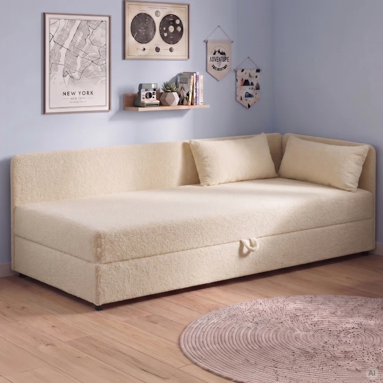 Jednolůžková válenda s úložným prostorem Hirek 90x200 bouclé beránek béžová