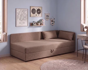 Jednolůžková válenda s úložným prostorem Hirek 90x200 bouclé beránek hnědá