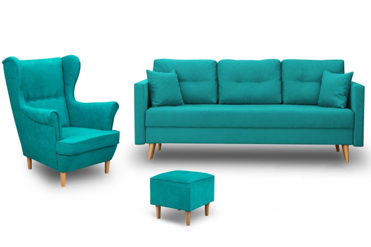 Skandinávská nábytková souprava pohovka s křeslem a pufem Tyrkysová