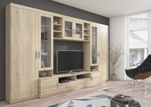 Nástěnná skříňka s vitrínou Paris SO01 se 2 komodami 3D 2S a 2D 2S dub Sonoma