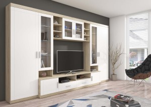 Nástěnná skříňka s vitrínou Paris WH01 se 2 komodami 3D 2S a 2D 2S Bílá/Sonoma dub