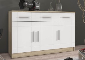 Nástěnná skříňka s vitrínou Paris WH01 se 2 komodami 3D 2S a 2D 2S Bílá/Sonoma dub