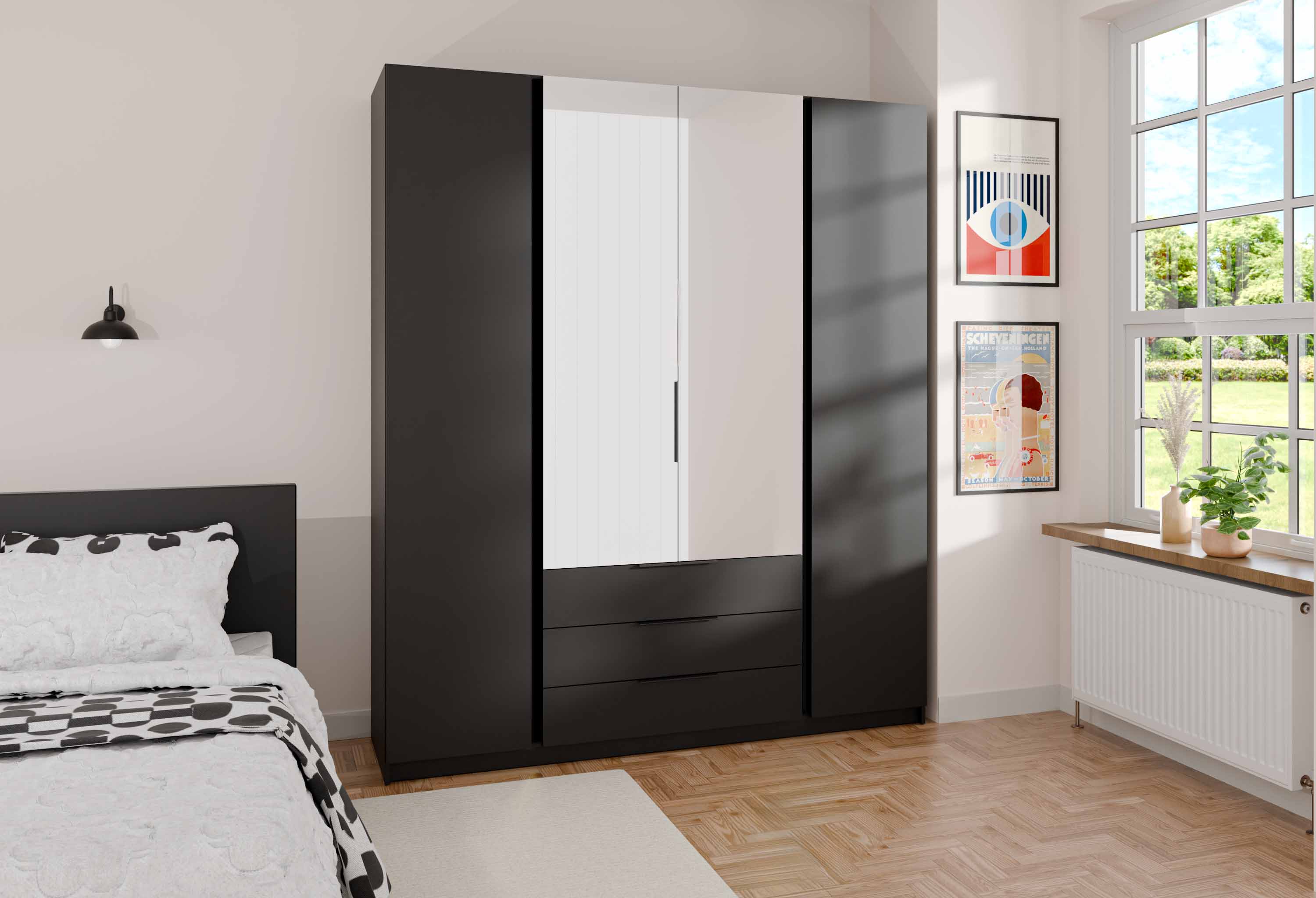 Šatní skříň do předsíně se zrcadlem a zásuvkami Dravero BL/BL 2F 2L 3S