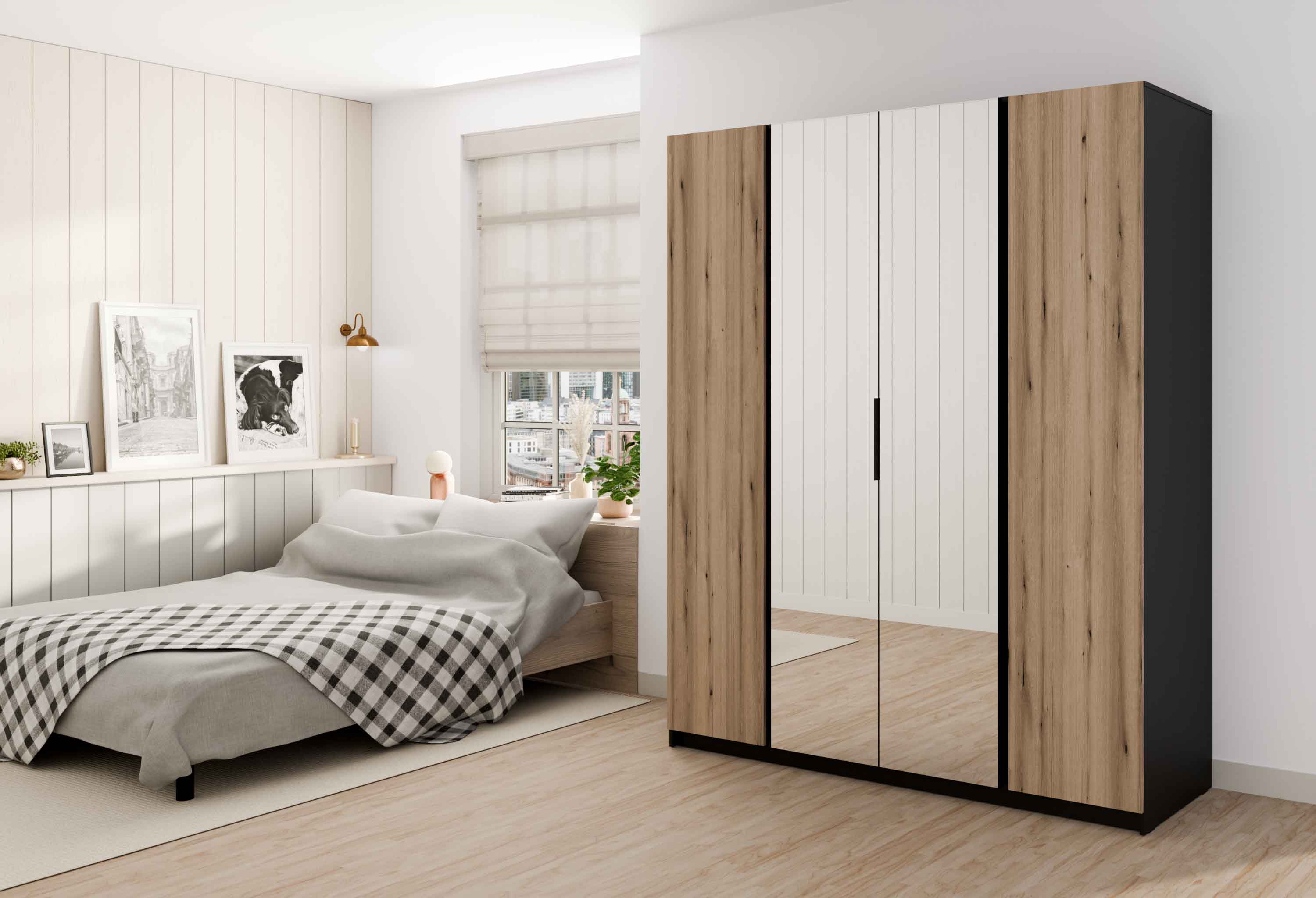Šatní skříň se čtyřmi dveřmi a zrcadly Dravero BL/EV-BL 2F 2L