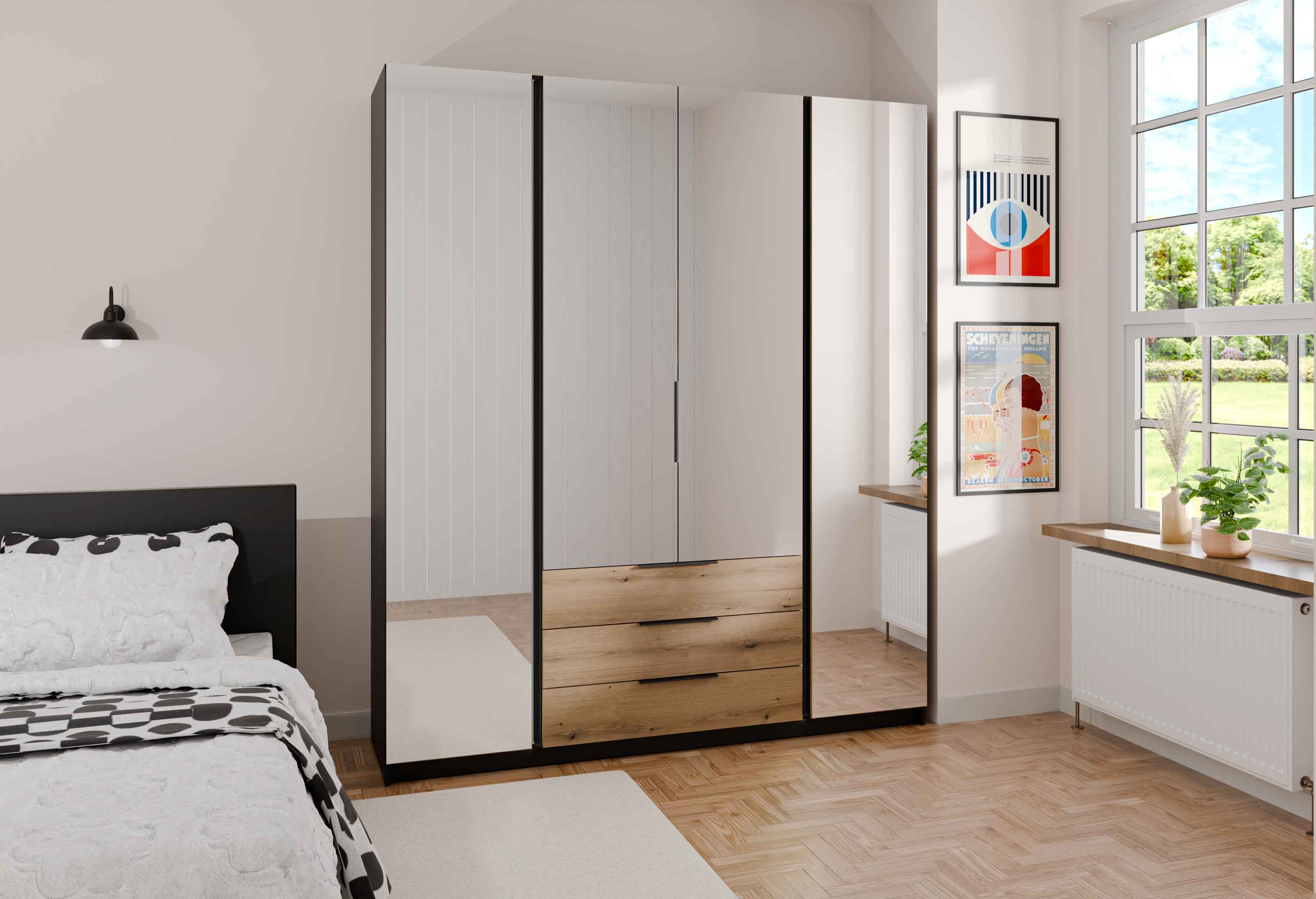Šatní skříň do předsíně, čtyřdveřová se zrcadly a zásuvkami Dravero BL/EV 4L 3S