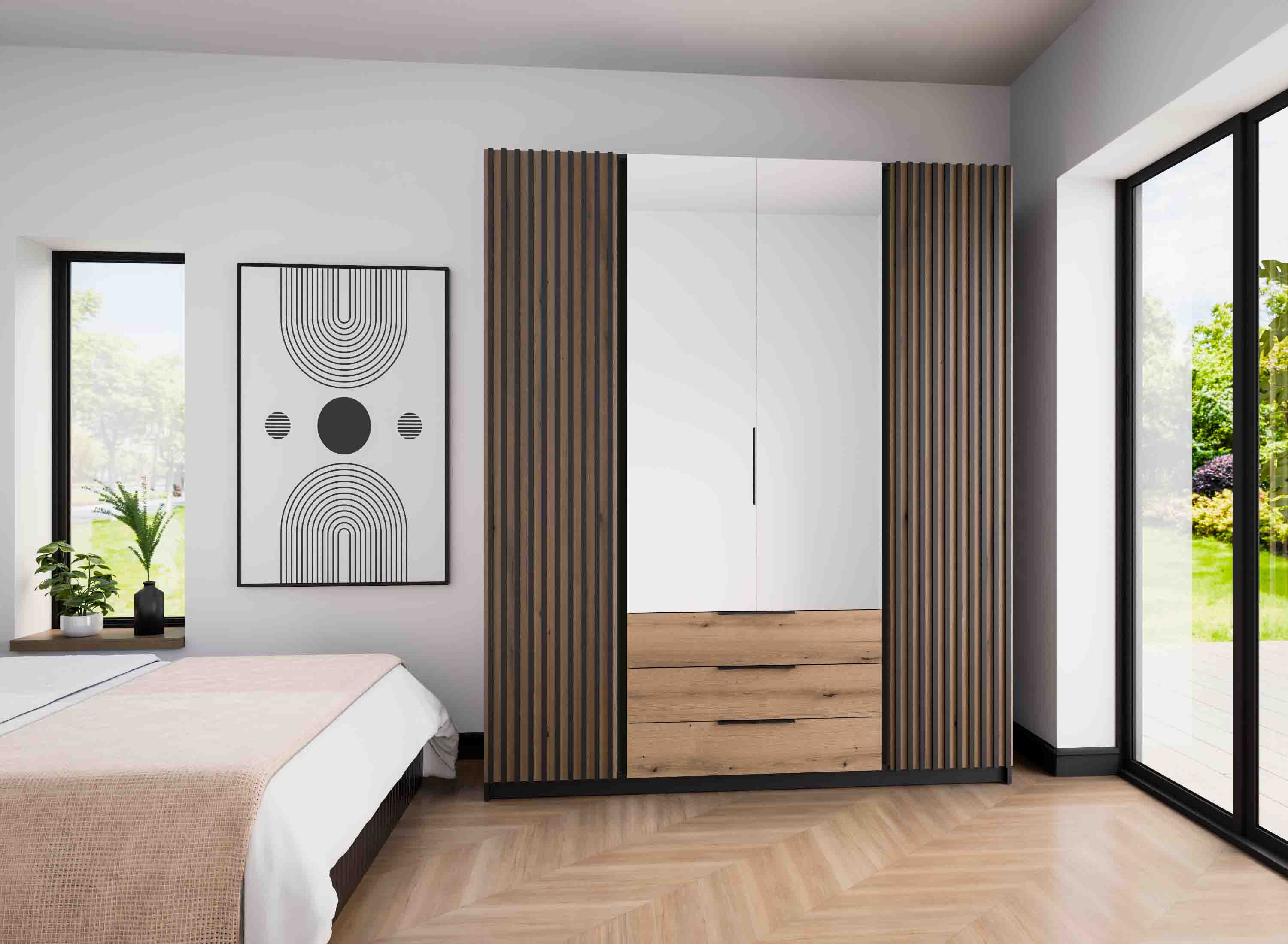 Šatní skříň se čtyřmi dveřmi, zrcadly a lamelami Dravero BL/EV-BL 2LAM 2L 3S