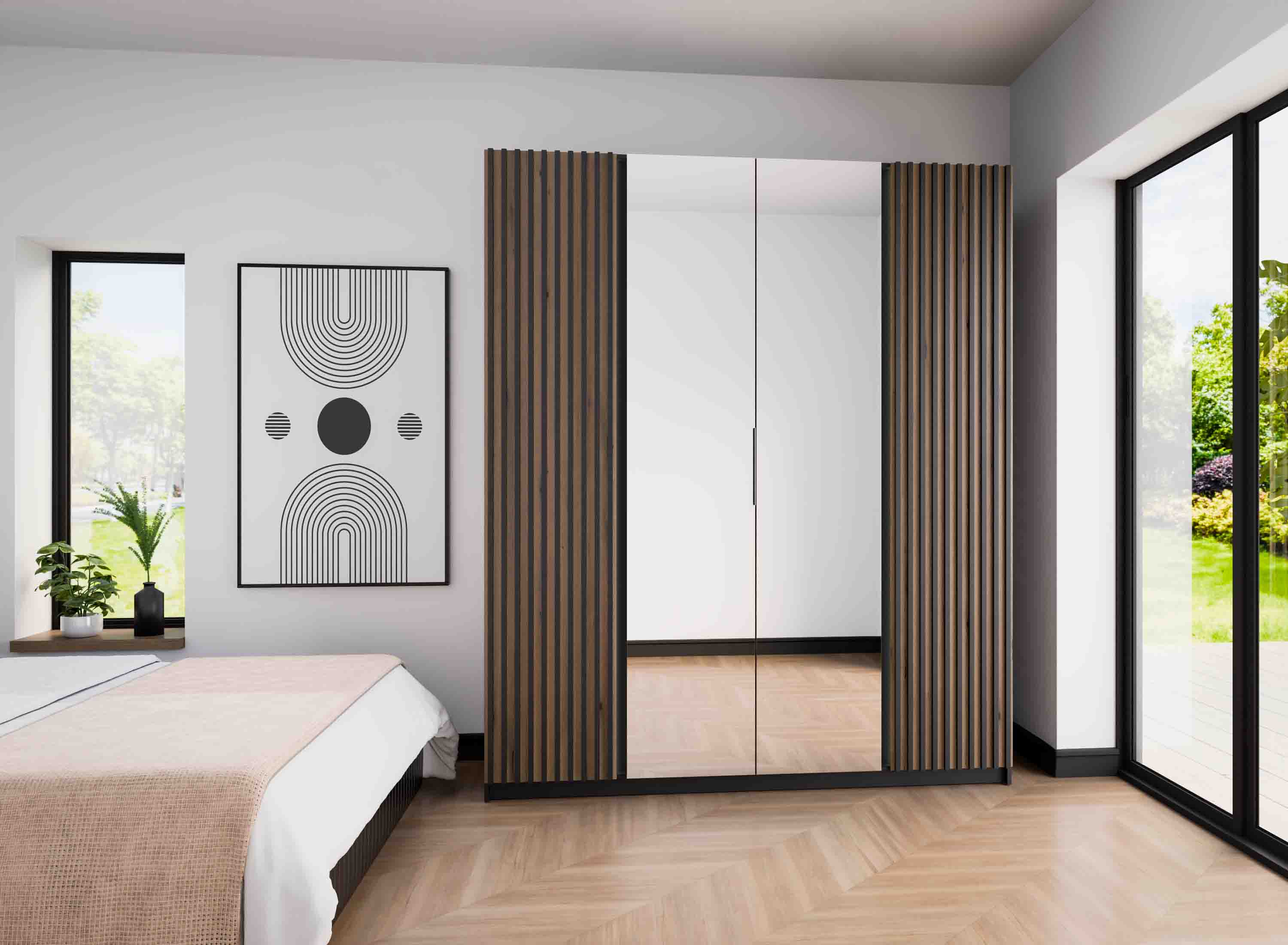 Šatní skříň se čtyřmi dveřmi, zrcadly a lamelami Dravero BL/EV-BL 2LAM 2L