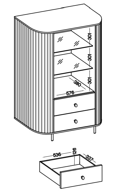 Vitrína do obývacího pokoju s prosklenými dvířky a dvěma zásuvkami Flana 112 1F2S Béžová