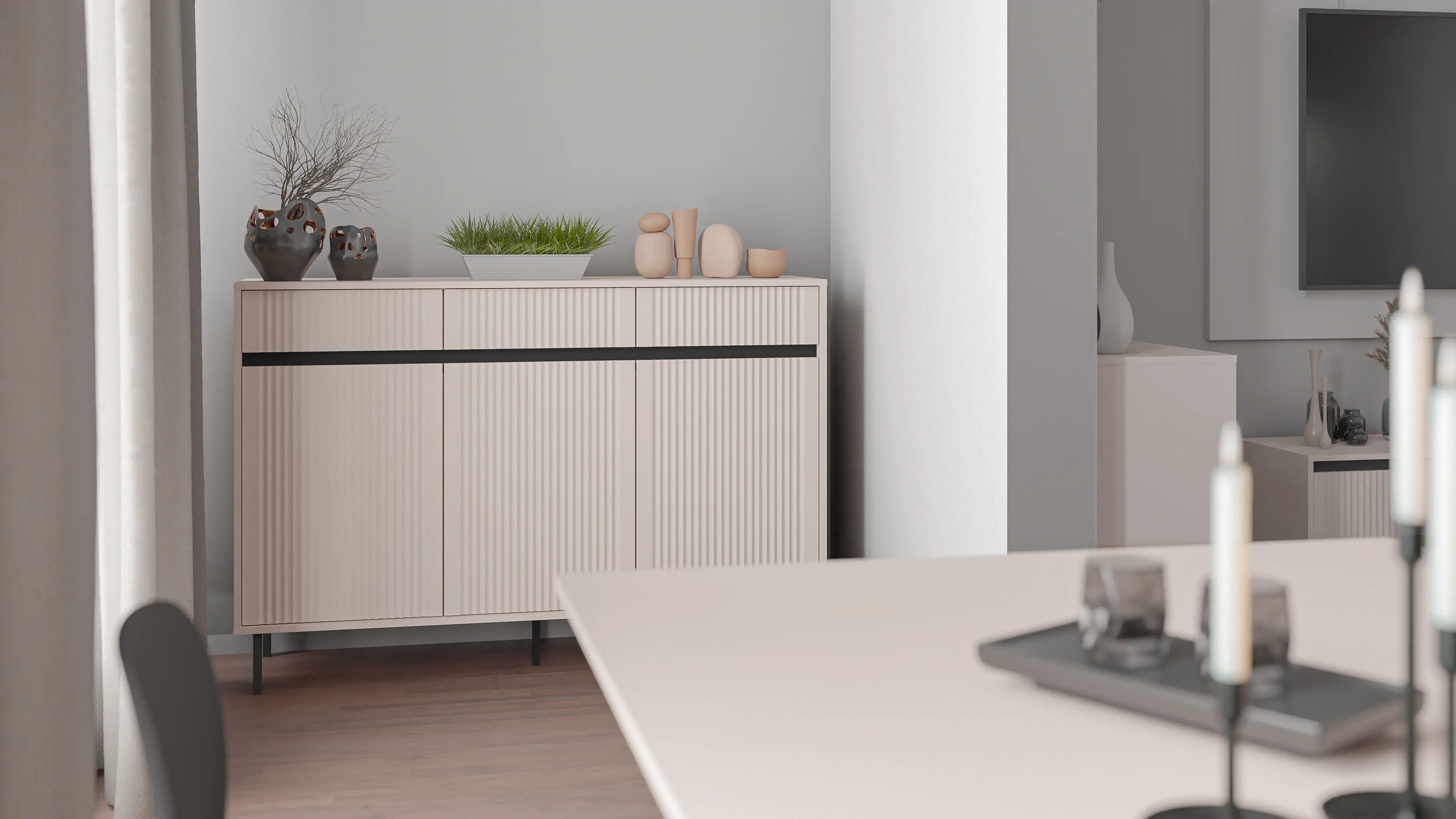 Komoda s drážkovanými čely Yukashi 3F3S T833 béžová