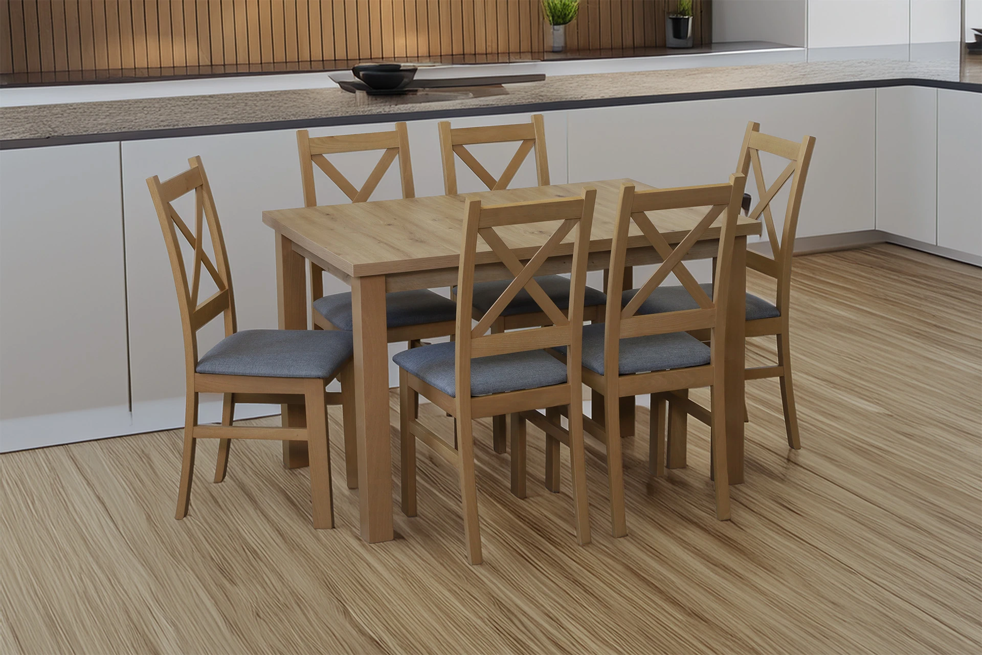 Sada 6x čalouněných židlí s křížovou opěrkou do jídelny dub artisan/šedá