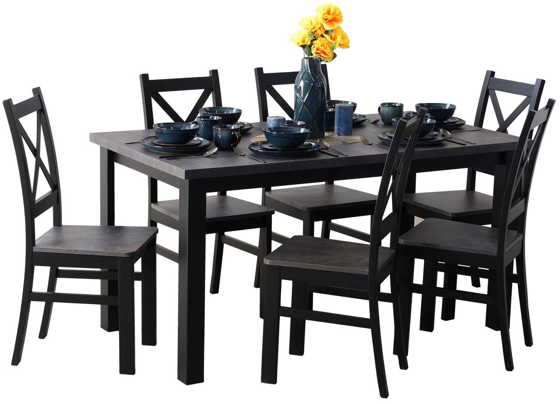 Set stolu 150/190x80 se 6 židlemi M003-6 černá/beton