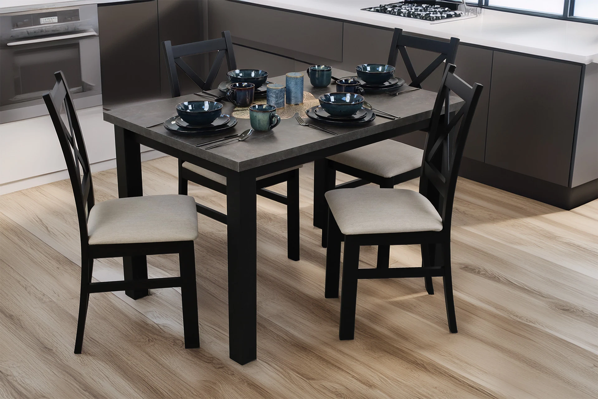 Stůl 120x80 se 4 židlemi M005-4 černá/beton