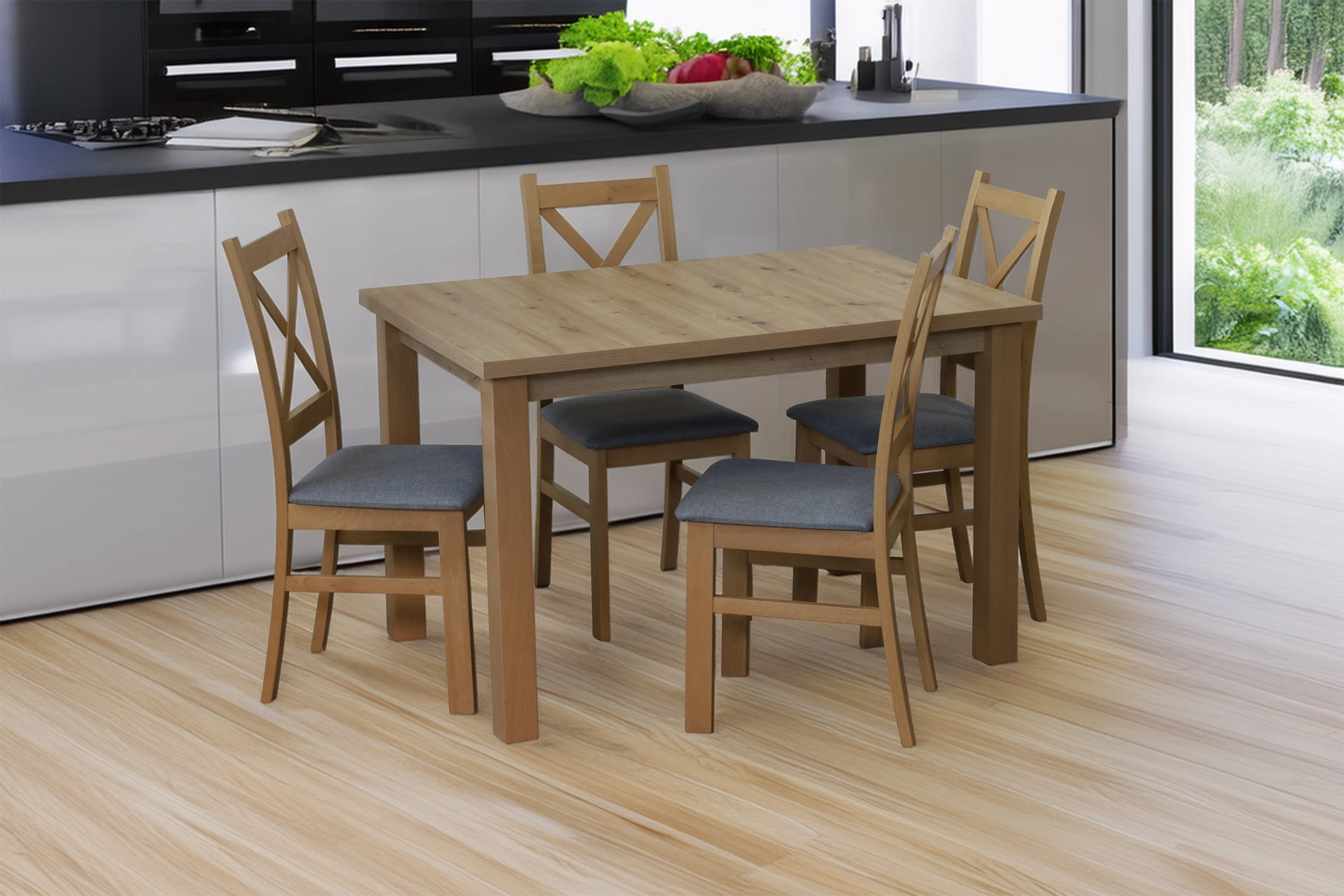 Rozkládací set stolu 150/190x80 se 4 židlemi M009-4 dub Artisan