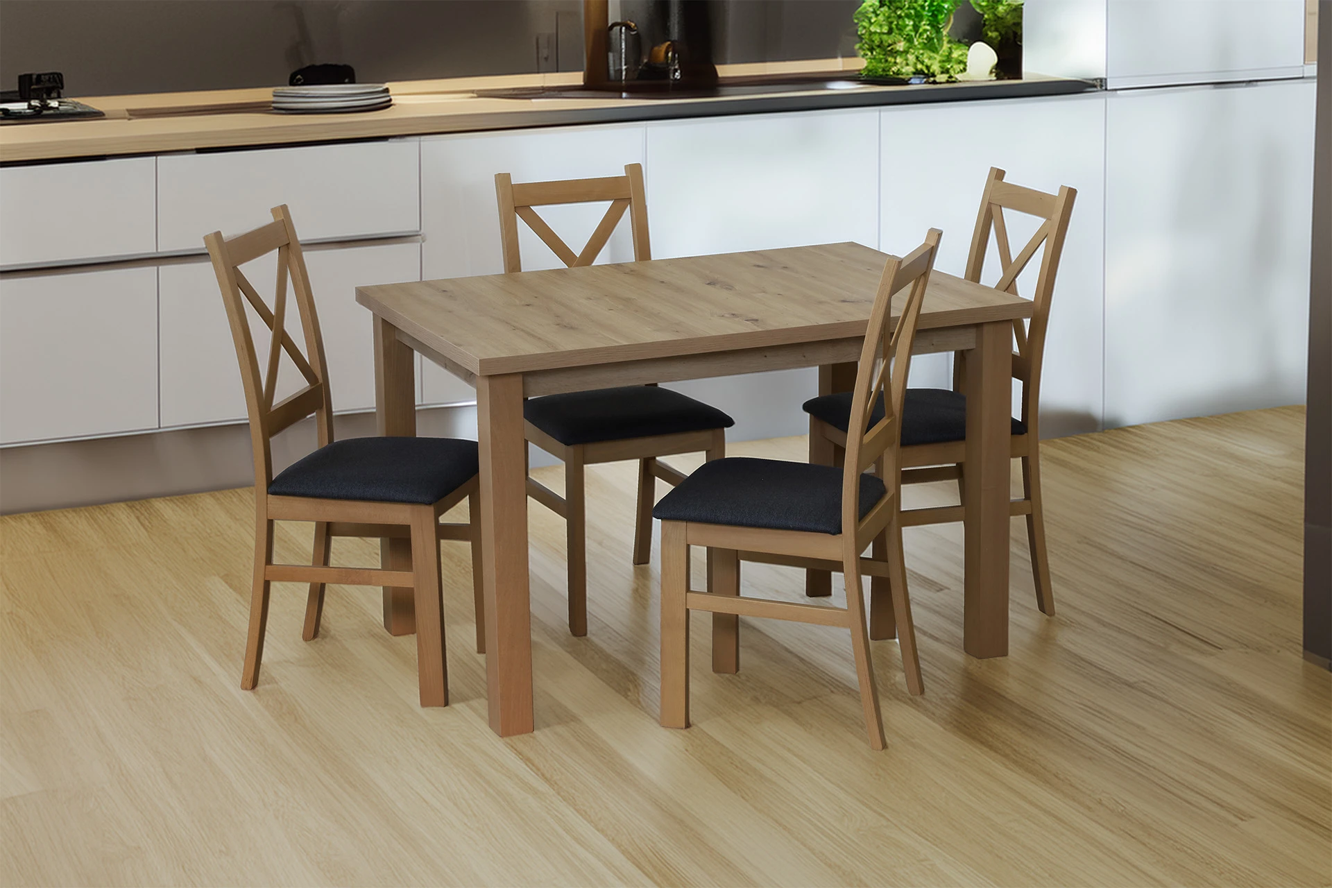 Rozkládací set stolu 150/190x80 se 4 židlemi M012-4 dub Artisan