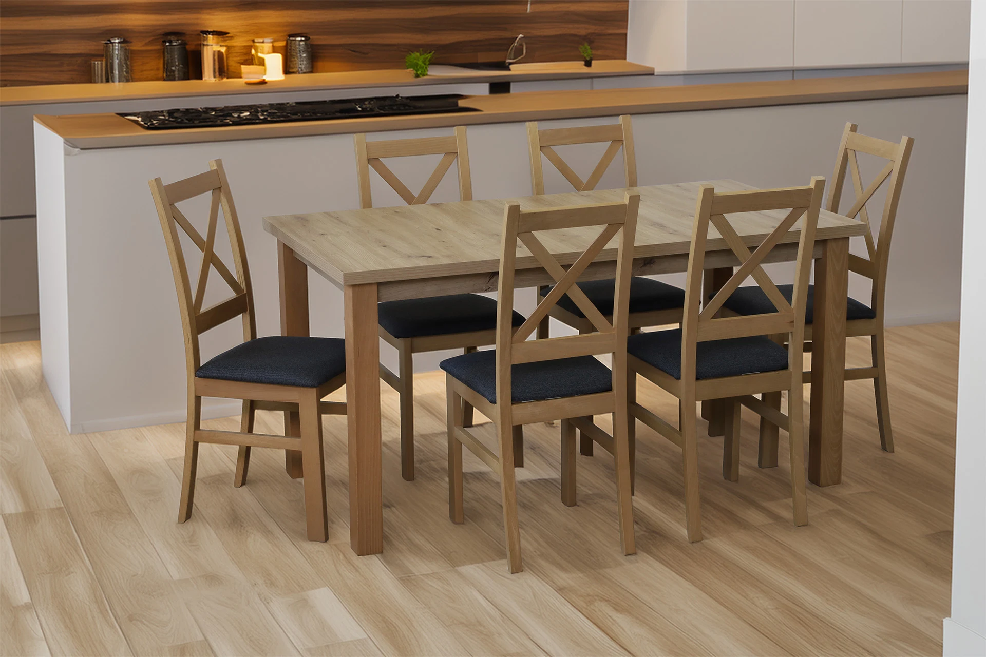 Rozkládací set stolu 150/190x80 se 6 židlemi M012-6 dub Artisan